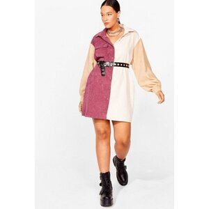 Nasty Gal Collection Corduroy Colorblock Shirt Dress Size 16 Beige & Mauve